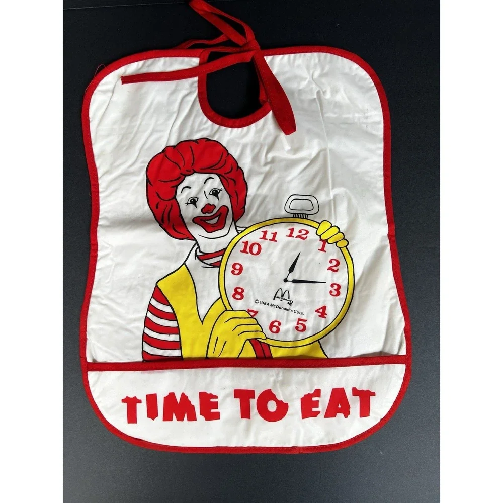 VTG 1984 McDonalds Ronald McDonald Time To Eat Baby Bib Vinyl Terry Cloth‎ 13x11